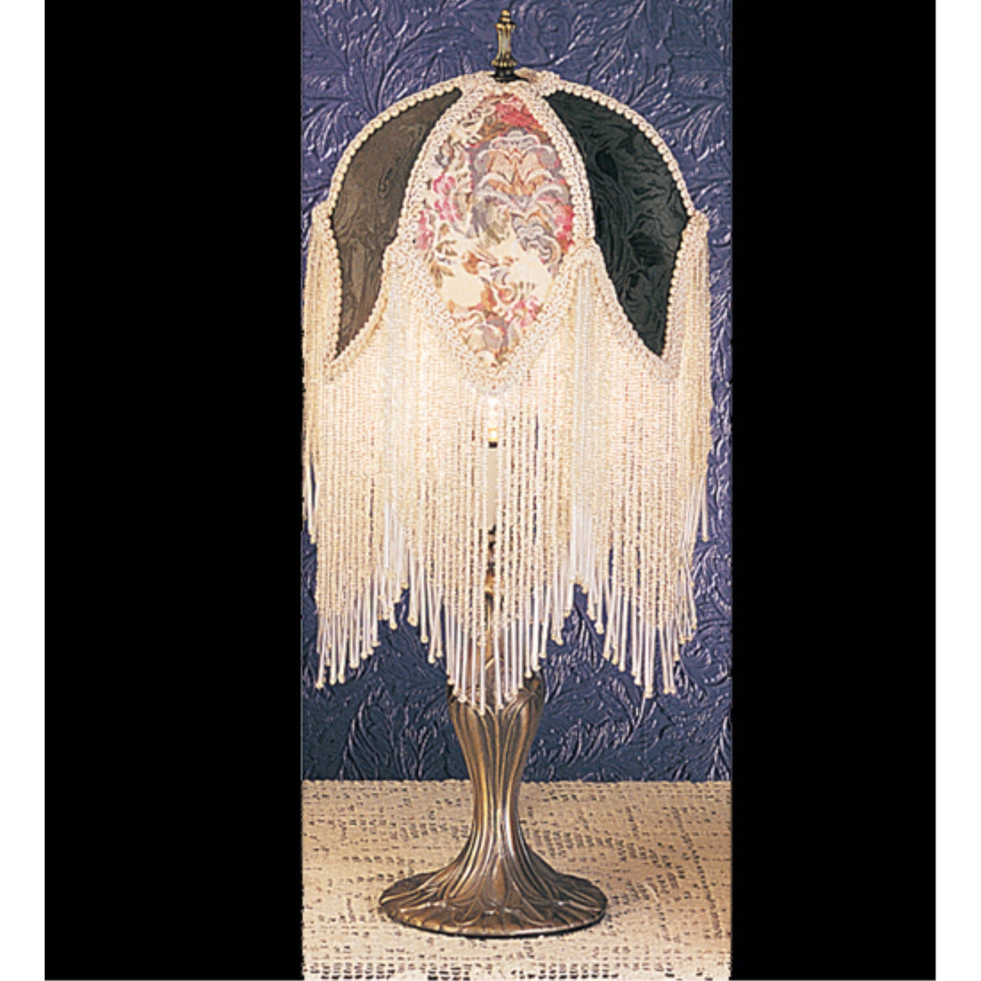 Meyda Tiffany Accent Lamp, Fabric & Fringe Roses, 7in Height, Glass/Metal/Stained, Model 19059