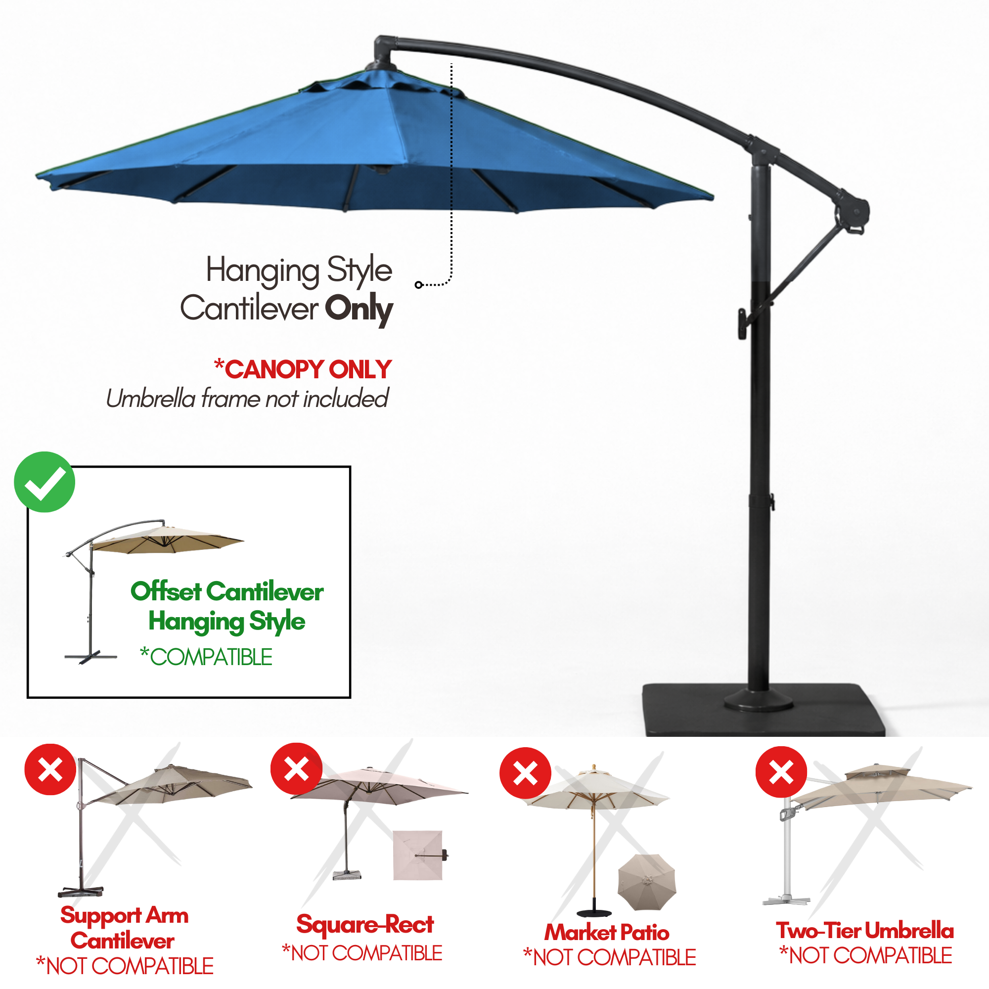 10ft Cantilever Hanging Umbrella 8 Rib Replacement Canopy Capri Blue Olefin