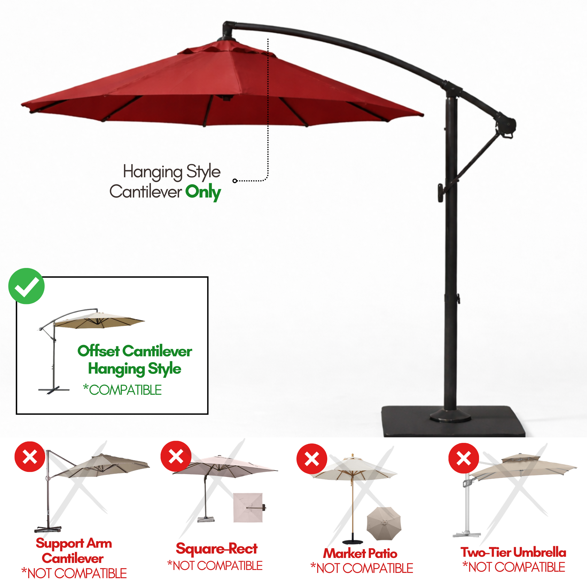 9ft Cantilever Hanging Umbrella 6 Rib Replacement Canopy Red