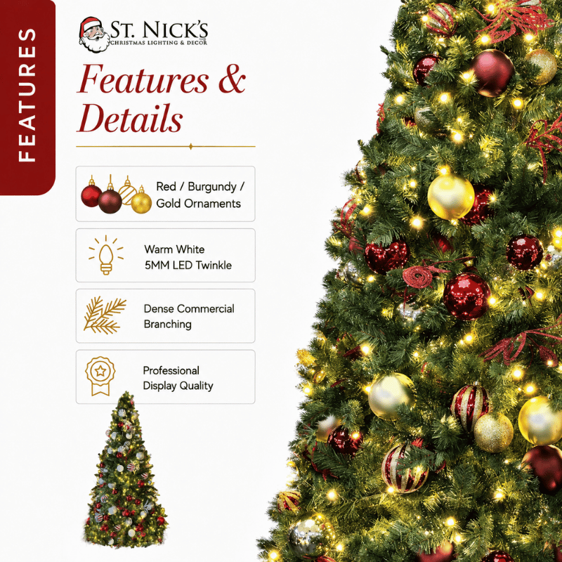 9FT Artificial Christmas Tree PVC Pre-Decorated Red Burgundy Gold Ornaments with Warm White Lights
