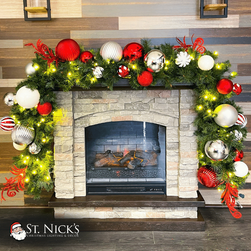 9'x14" Pre-Decorated Garland with Warm White Lights Red/White/Silver