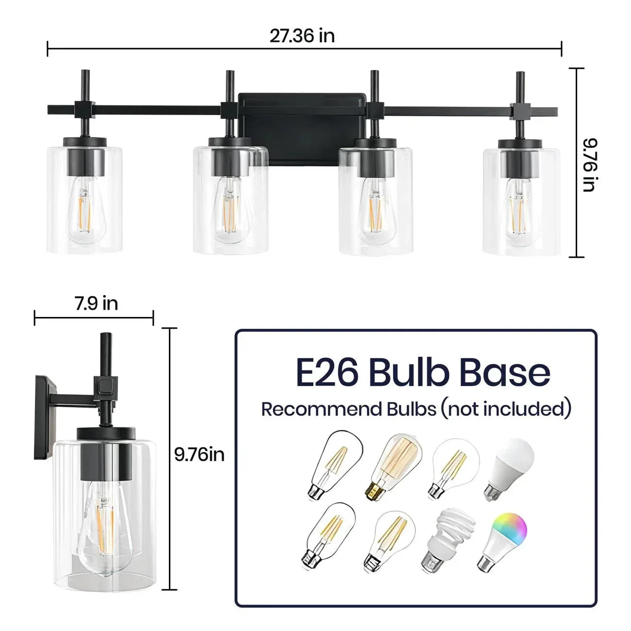 Jasper Modern 4-Light Clear Glass Bathroom Lights Linear Vanity Light