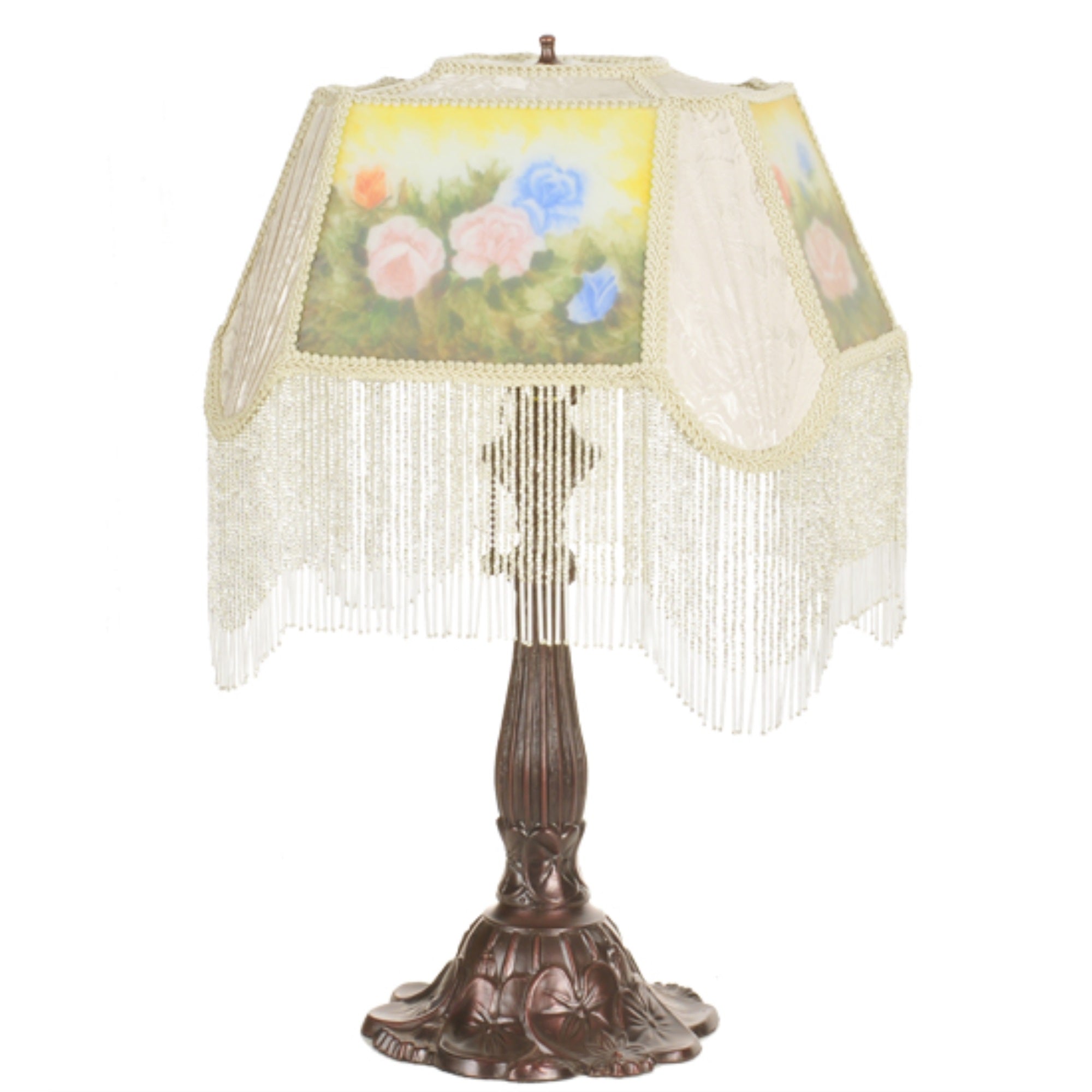 Meyda Tiffany 24in High Reverse discomfort-reducingted Roses Lamp with Fringe Accent, Ivory, Model 20286