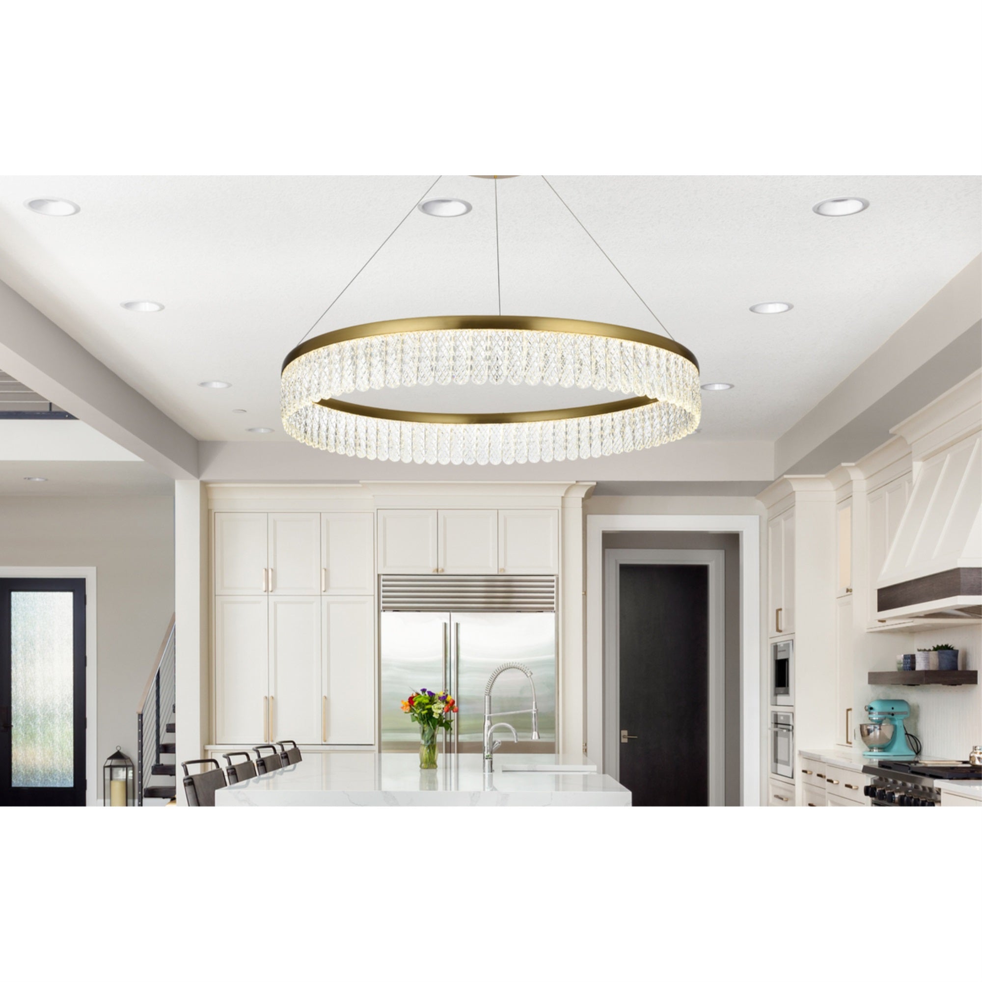 Rune 32 inch Adjustable LED chandelier in Satin Gold
