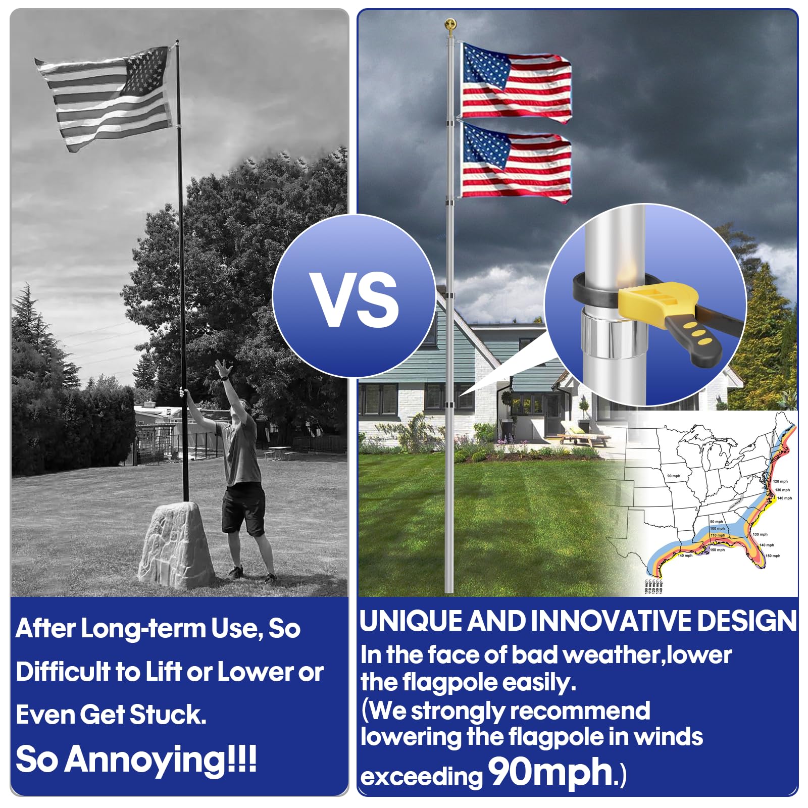 20FT Telescoping Flag Pole Kit, Heavy Duty Aluminum Alloy in Ground Flag Poles for Outside, 3 Display Modes Flagpole with 3x5 American Flag