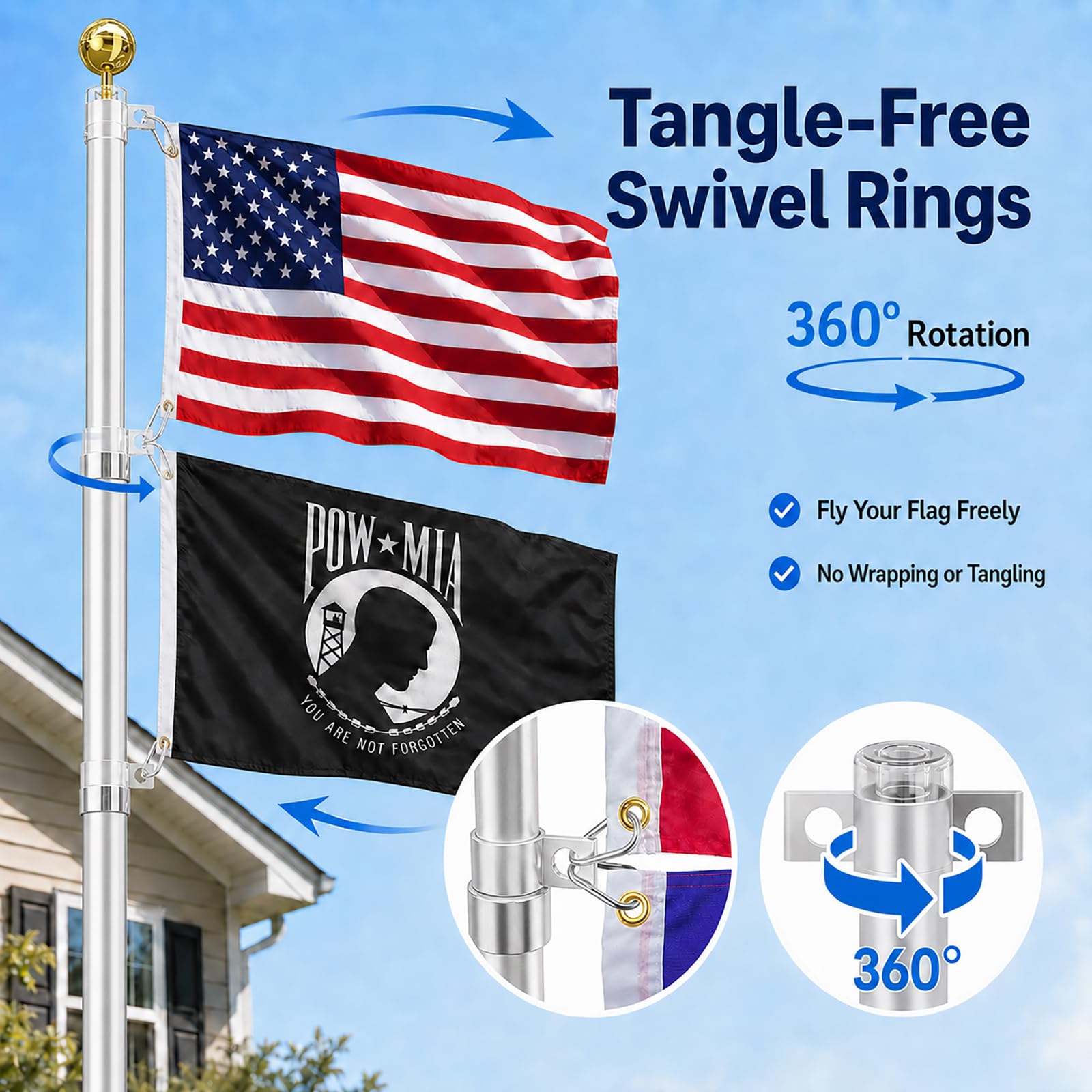 20FT Telescoping Flag Pole Kit, Heavy Duty Aluminum Alloy in Ground Flag Poles for Outside, 3 Display Modes Flagpole with 3x5 American Flag
