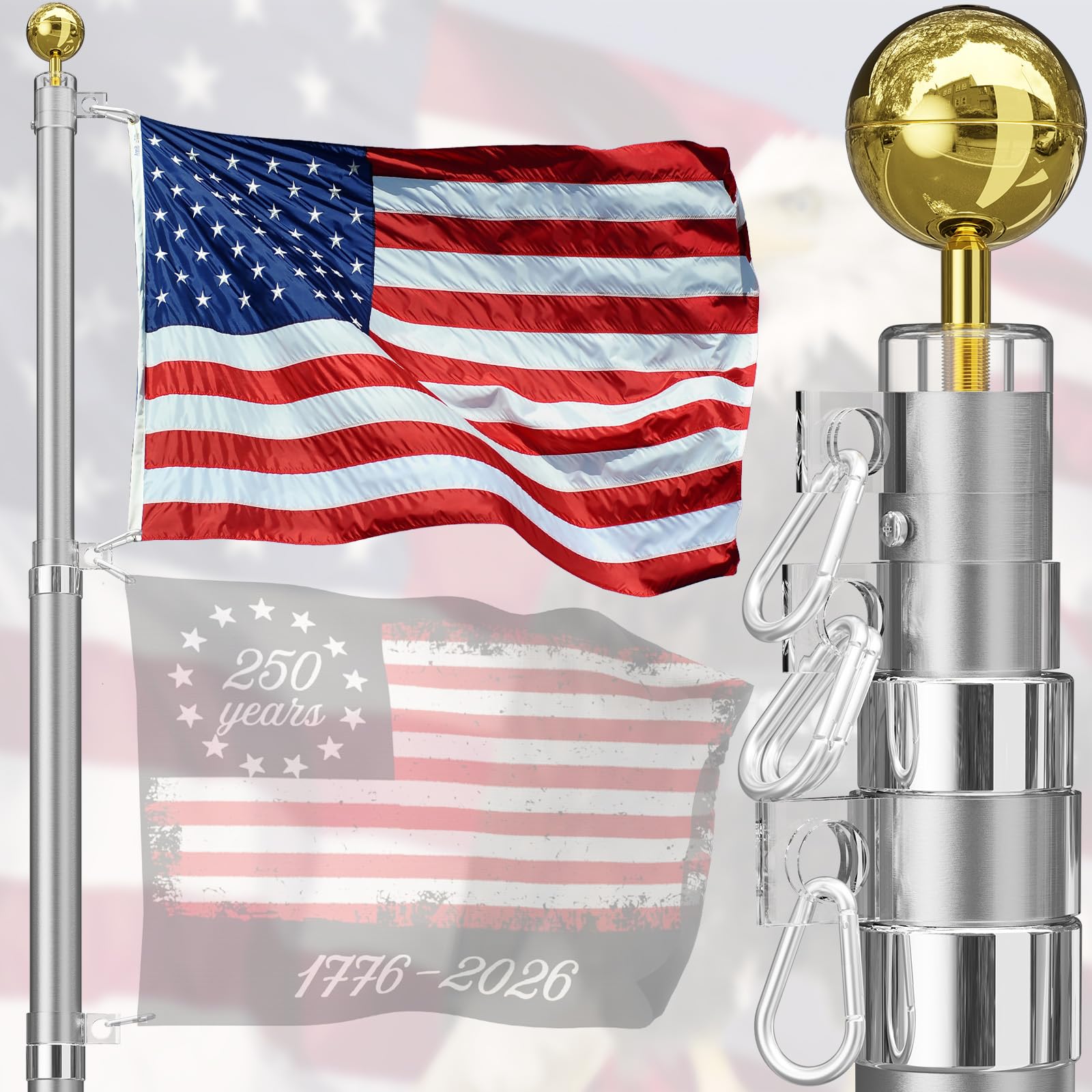 20FT Telescoping Flag Pole Kit, Heavy Duty Aluminum Alloy in Ground Flag Poles for Outside, 3 Display Modes Flagpole with 3x5 American Flag