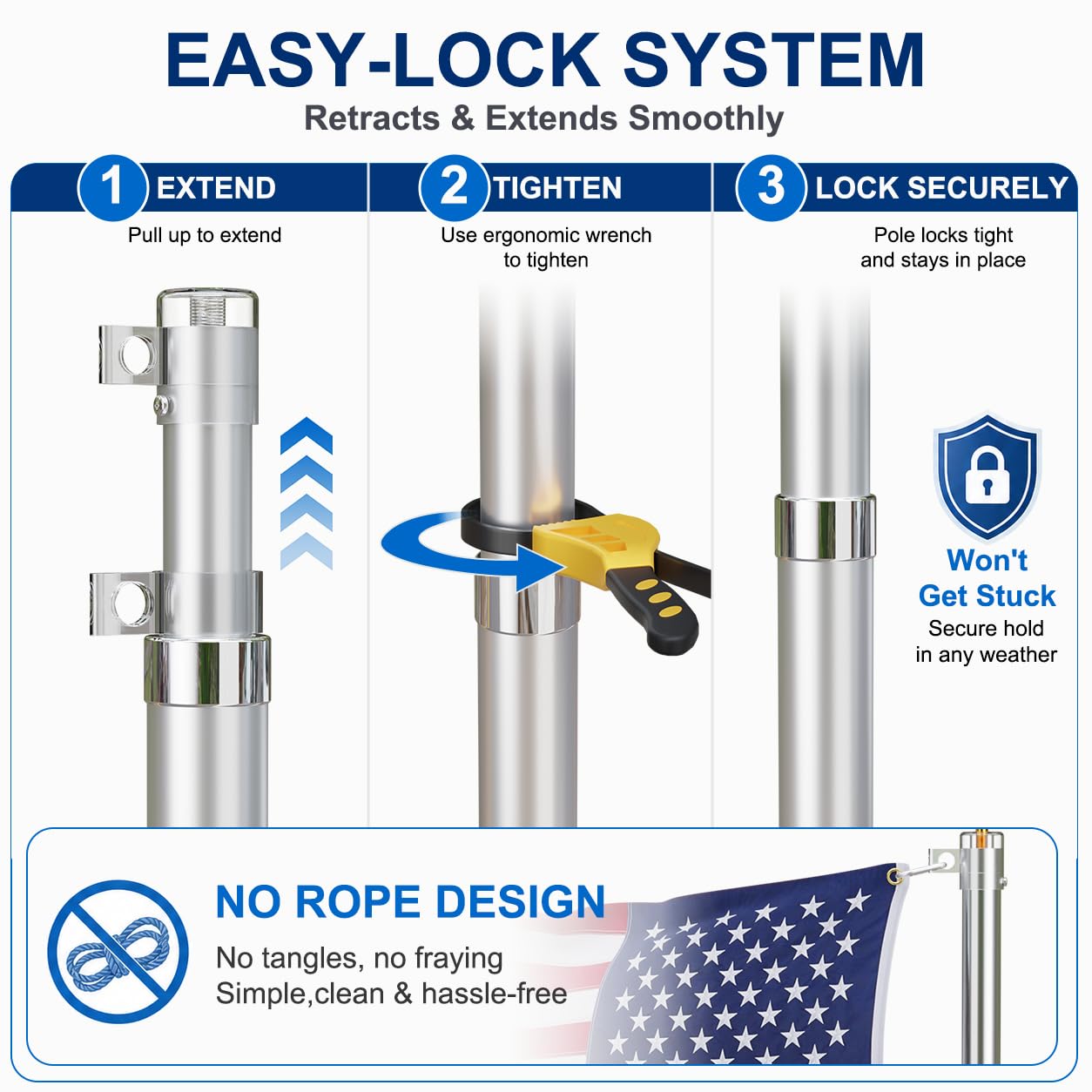 20FT Telescoping Flag Pole Kit, Heavy Duty Aluminum Alloy in Ground Flag Poles for Outside, 3 Display Modes Flagpole with 3x5 American Flag