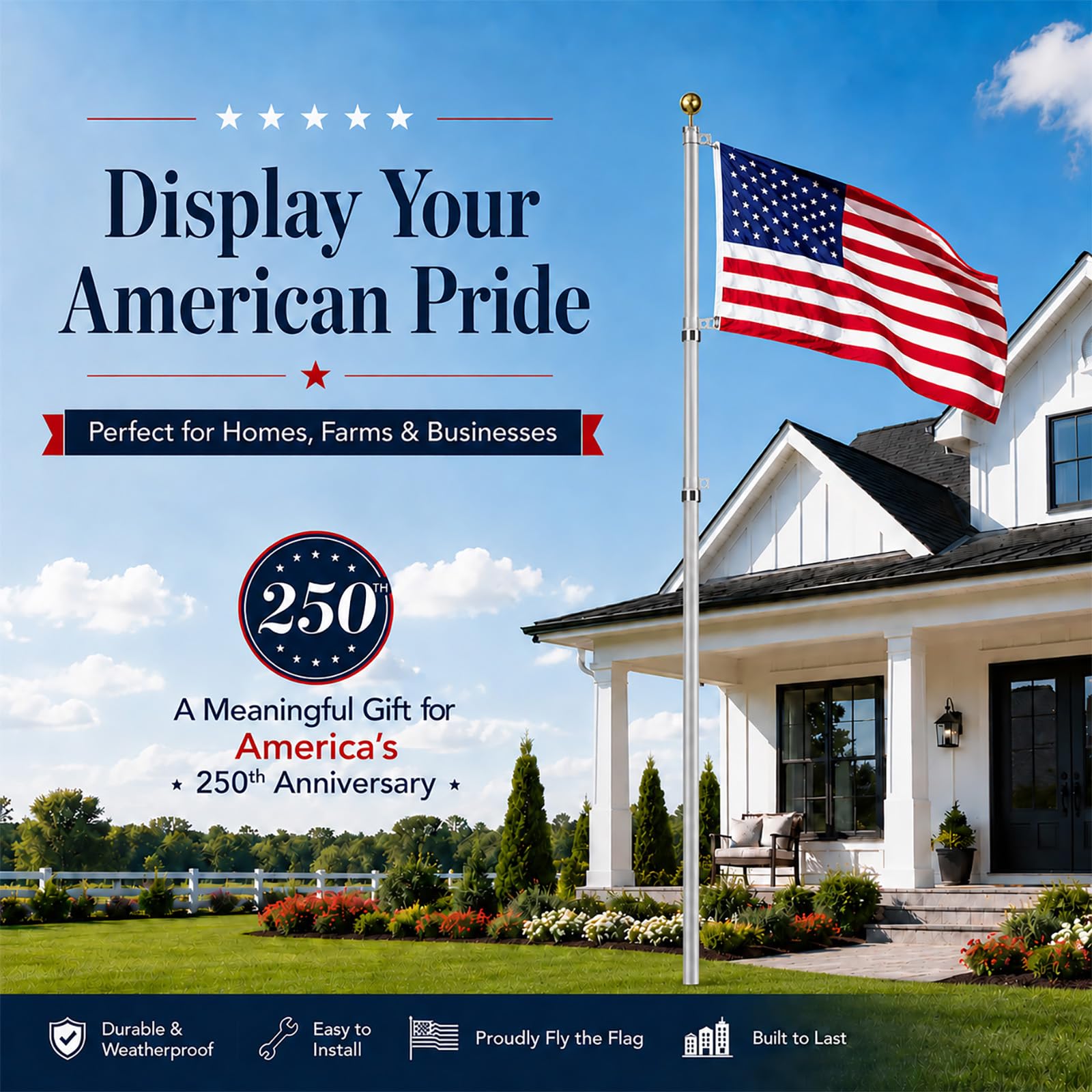 20FT Telescoping Flag Pole Kit, Heavy Duty Aluminum Alloy in Ground Flag Poles for Outside, 3 Display Modes Flagpole with 3x5 American Flag