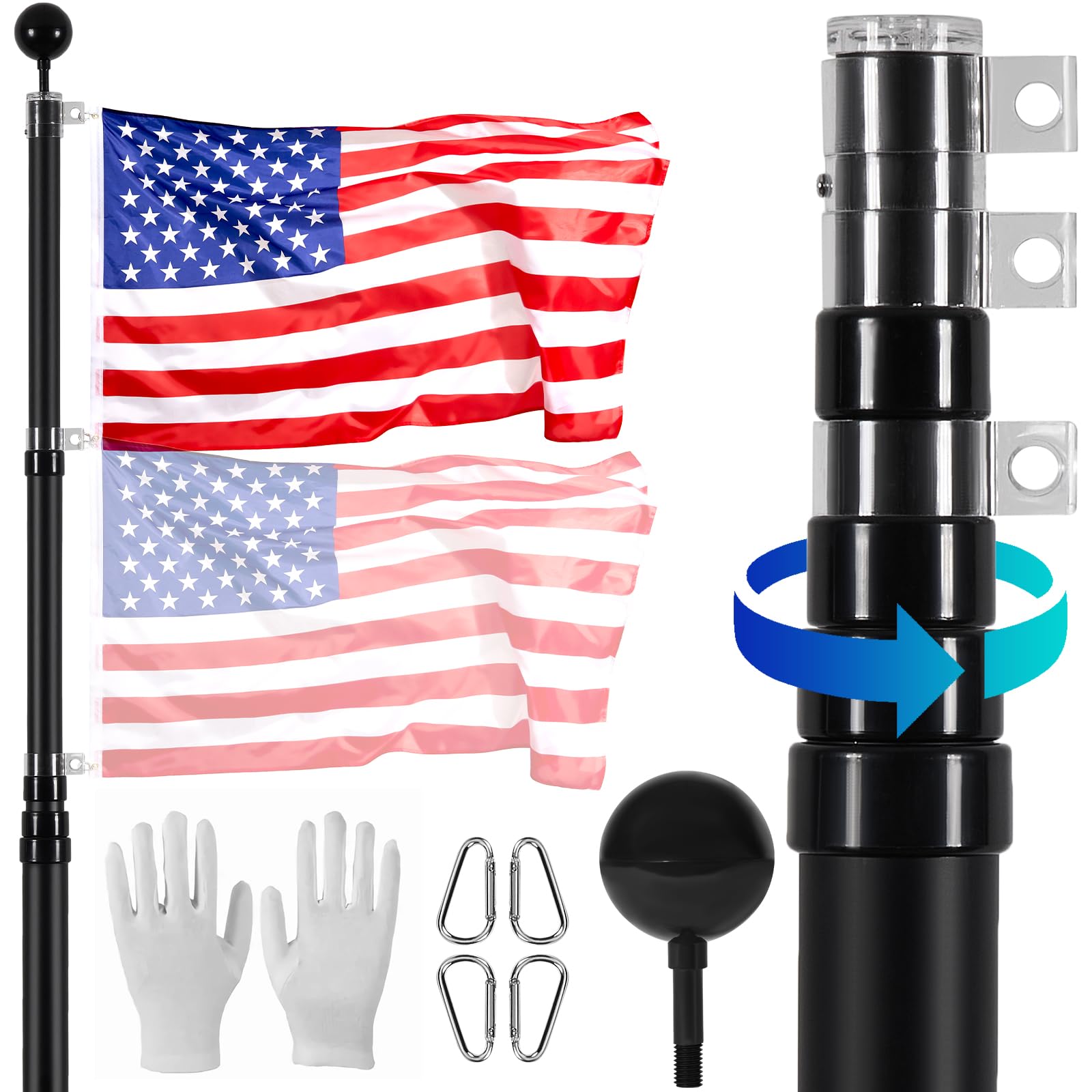 20FT Telescoping Flag Pole Kit, Heavy Duty Aluminum Alloy in Ground Flag Poles for Outside, 3 Display Modes Flagpole with 3x5 American Flag