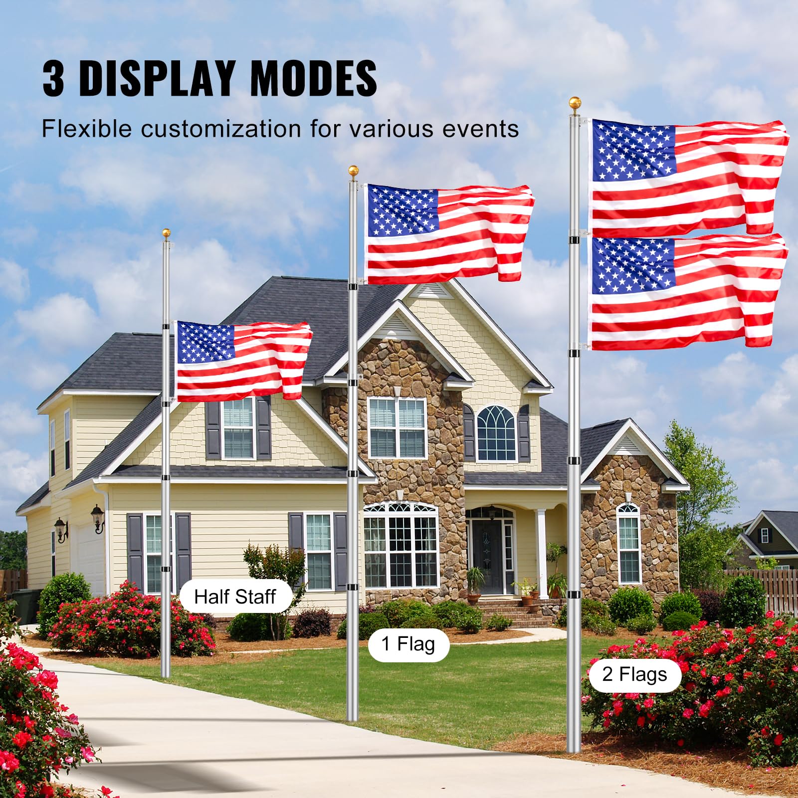 20FT Telescoping Flag Pole Kit, Heavy Duty Aluminum Alloy in Ground Flag Poles for Outside, 3 Display Modes Flagpole with 3x5 American Flag