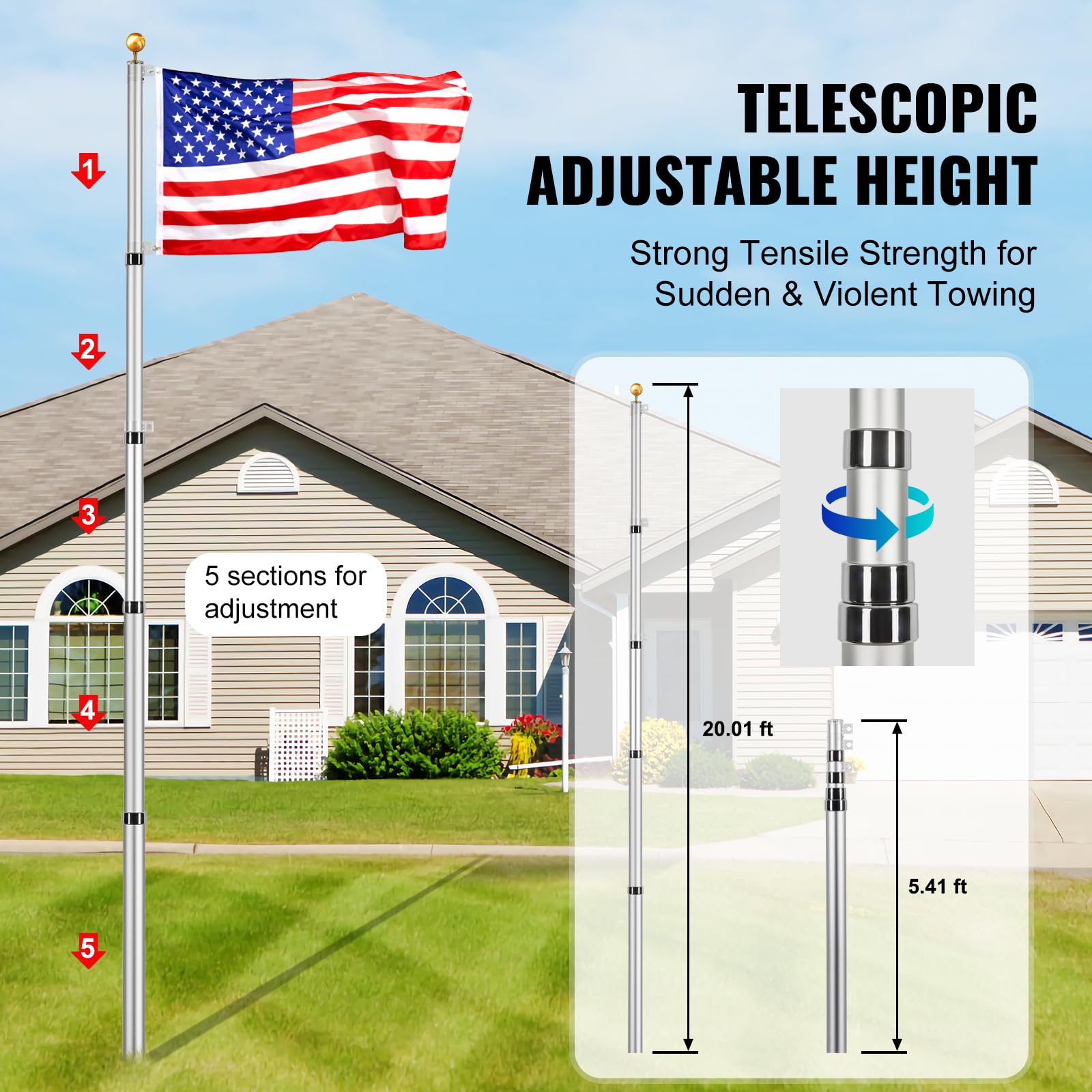 20FT Telescoping Flag Pole Kit, Heavy Duty Aluminum Alloy in Ground Flag Poles for Outside, 3 Display Modes Flagpole with 3x5 American Flag