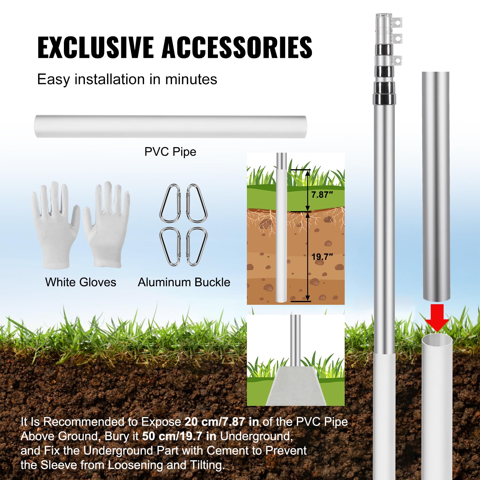 20FT Telescoping Flag Pole Kit, Heavy Duty Aluminum Alloy in Ground Flag Poles for Outside, 3 Display Modes Flagpole with 3x5 American Flag