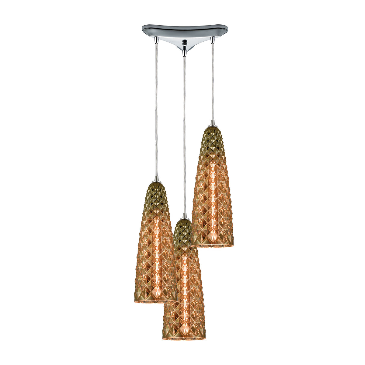Glitzy 3-Light Pendant in Polished Chrome with Golden Bronze Plated Glass