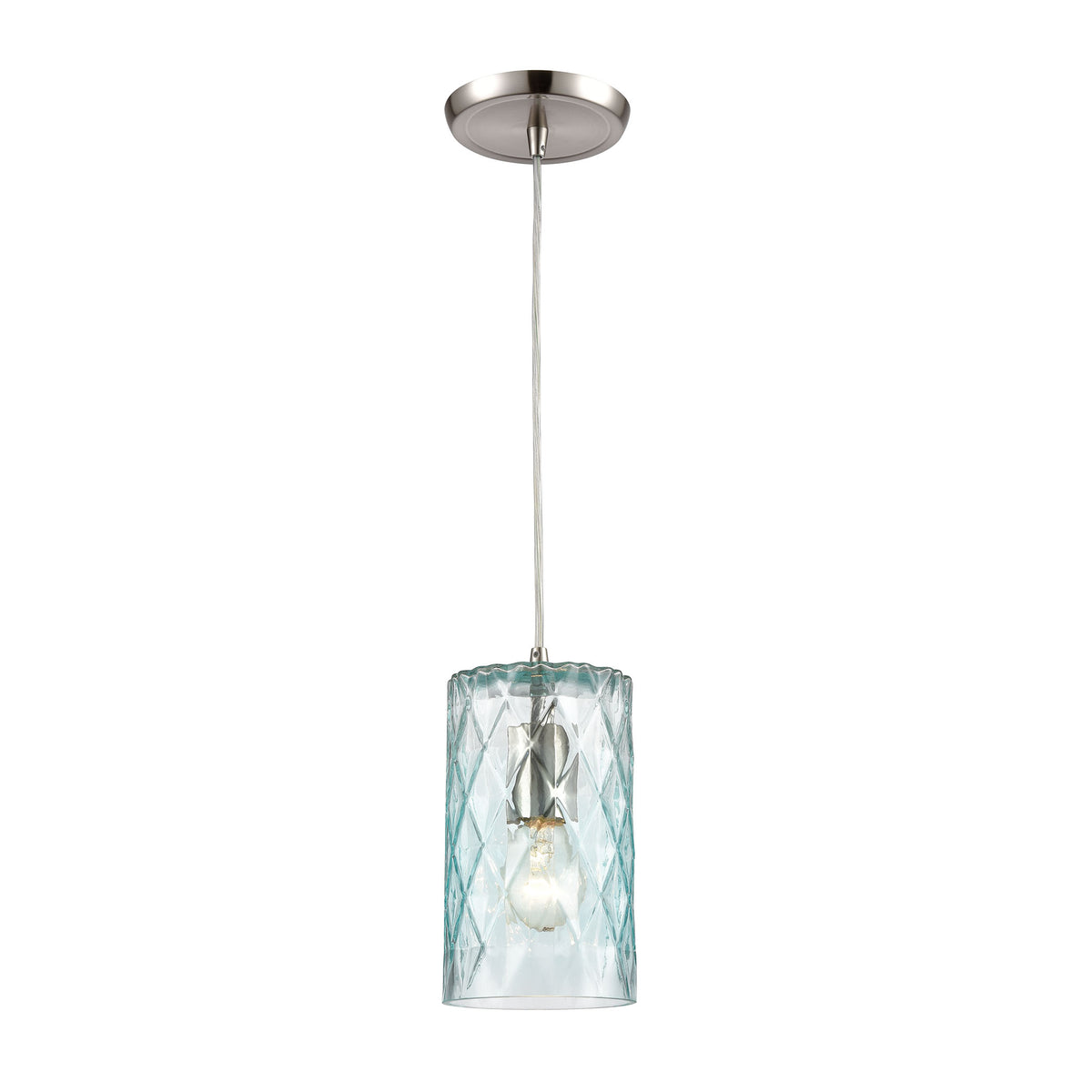 Diamond Pleat 1-Light Mini Pendant in Satin Nickel with Light Aqua Diamond Pattern Glass