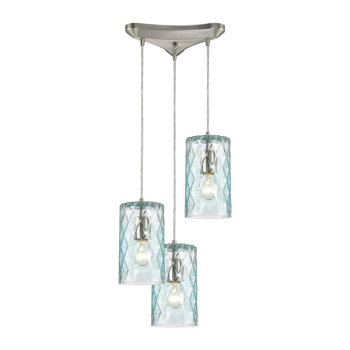Diamond Pleat 3-Light Pendant in Satin Nickel with Light Aqua Diamond Pattern Glass