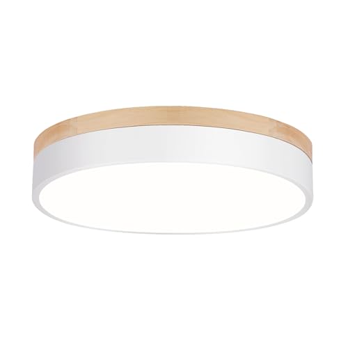 Woknos Modern Dimmable Led Close To Ceiling Light Minimalist Wood Oak Flush Mount Ceiling Light Fixture With Lampshade For Bedroom Living Room Bathroom Laundry Room (White-Dimmable, 11.8''/30Cm)