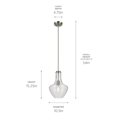 Kichler Everly 15.25 Kitchen Bell Pendant In Brushed Nickel, 1-Light Clear Seeded Glass Pendant Light, (15.25 H X 10.5 W), 42141