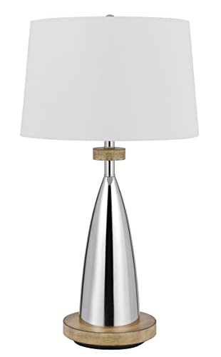 Cal 150W 3 Way Lockport Metal Table Lamp, Faux Wood Finish, Chrome/Wood, Model BO-3054TB