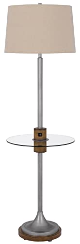 Cal 150W 3-Way Metal Floor Lamp with Glass Tray Table, USB Ports, Antique Silver/Wood, Model BO-3057FL
