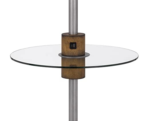 Cal 150W 3-Way Metal Floor Lamp with Glass Tray Table, USB Ports, Antique Silver/Wood, Model BO-3057FL