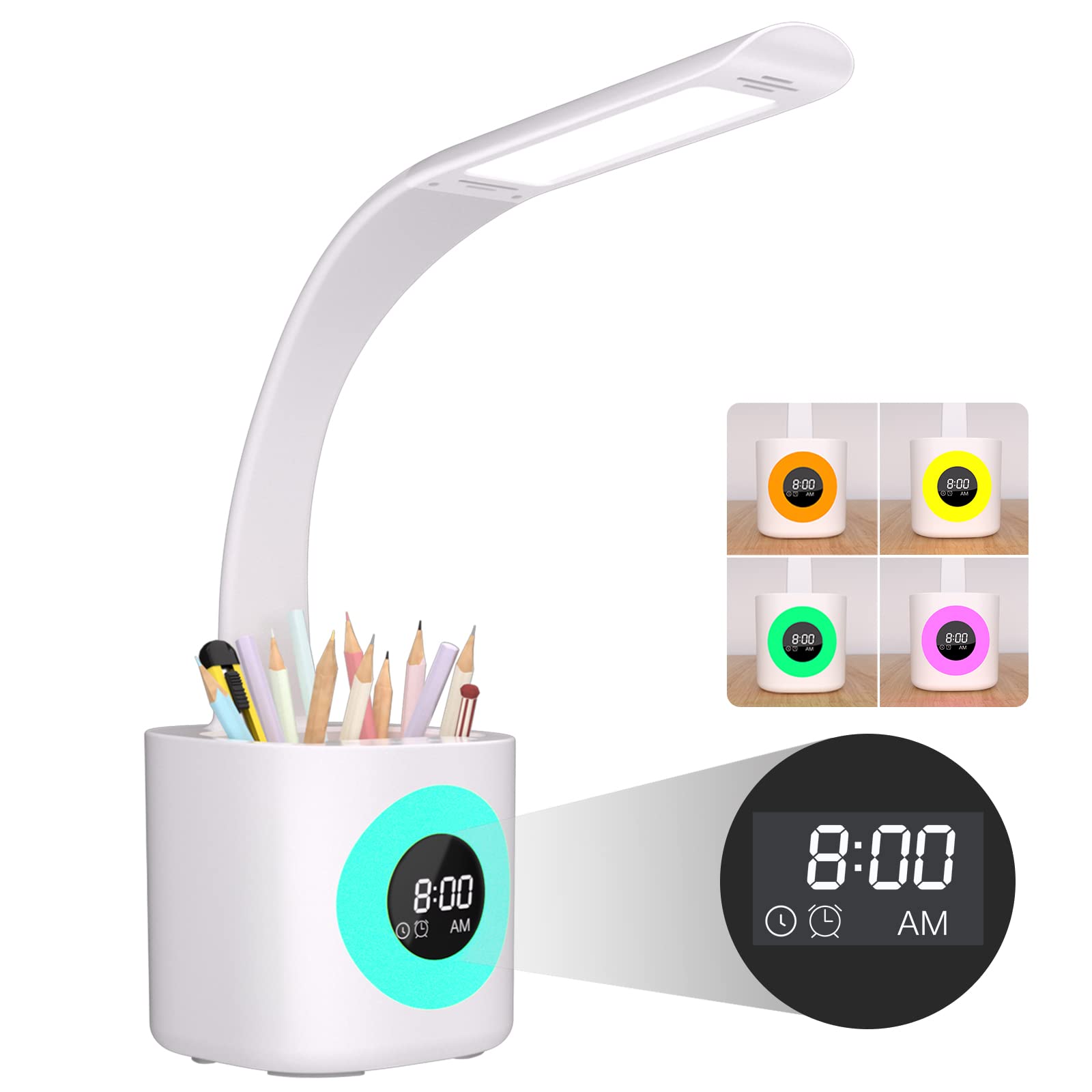 Hokone LED Desk Lamp for Kids, Dimmable USB Table Light with Clock & Pen Holder, Adjustable White Model BQ-01