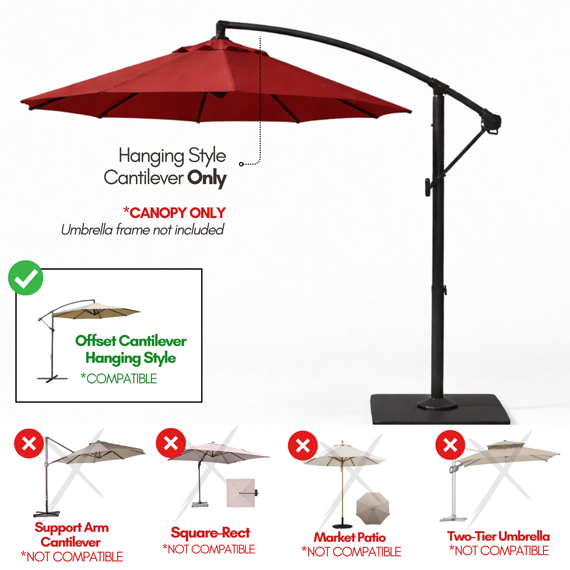 11ft Cantilever Hanging Umbrella 8 Rib Replacement Canopy Jockey Red