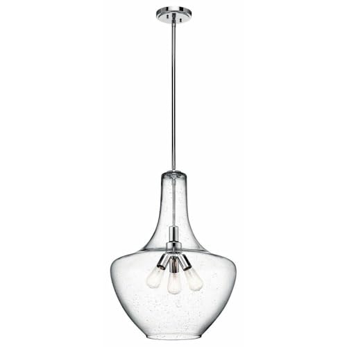 Kichler Everly 27.5" 3-Light Bell Pendant, Clear Seeded Glass, Chrome, Model 42198CH, Alloy Steel