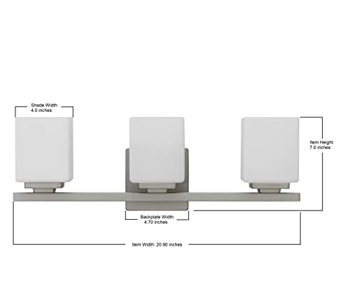 Yosemite Home Decor Jordan 3-Light Vanity Light, Satin Nickel Finish, Frosted White Glass Shades, 5.3 x 20.9 x 7 inches, Model 130010329