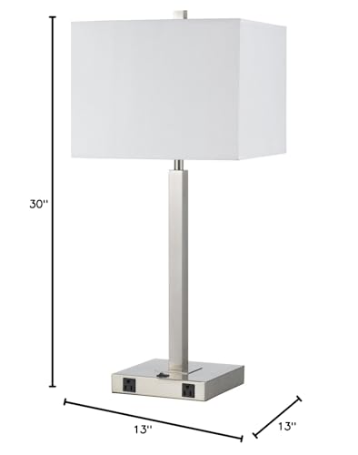 Cal 60W Metal Table Lamp with Two Outlets, Brushed Steel, 13inL x 13inW x 30inH, Model LA-8028NS-1-BS
