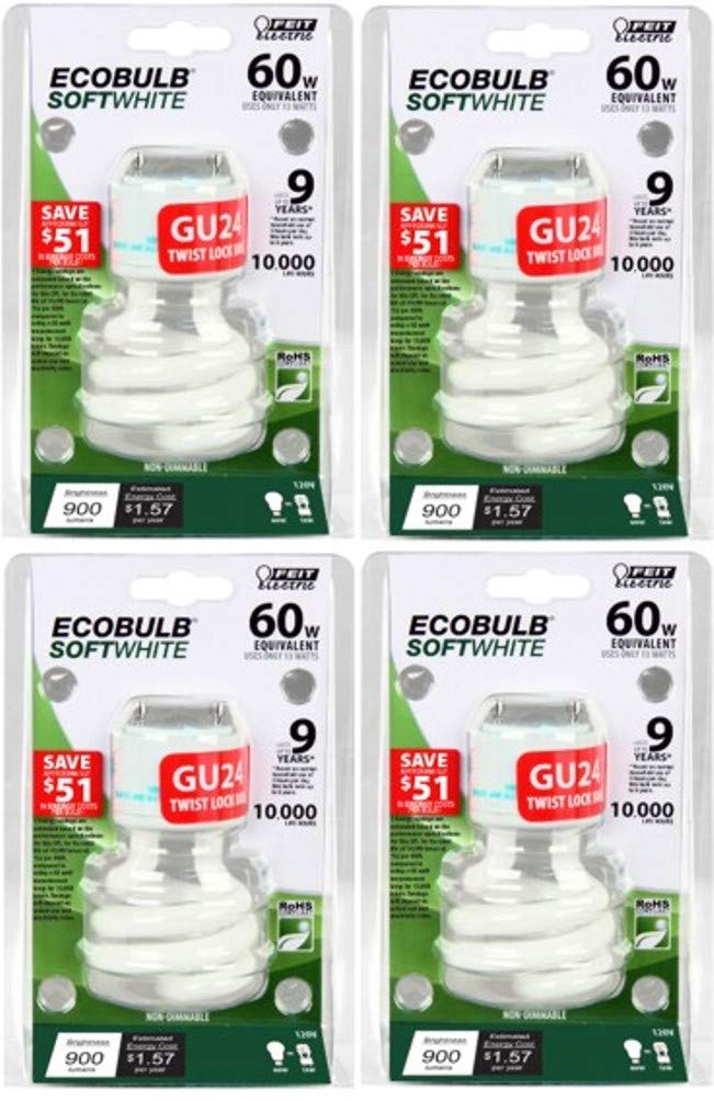 Feit Electric CFL Light Bulbs, Soft White, 900 Lumen, 4 Count, Model BPESL13T/GU24, Uses 78% Less Energy, Average Life 100