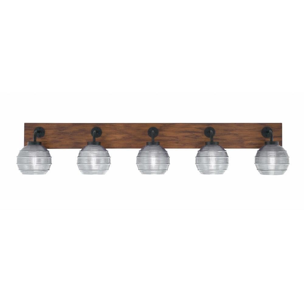 Toltec Lighting 1775-Mbwg-5110 Oxbridge - 5 Light Bath Bar-9 Inches Tall And 46.75 Inches Length, Finish Color: Matte Black/Painted Wood-Look Metal, Glass Color: Clear Ribbed