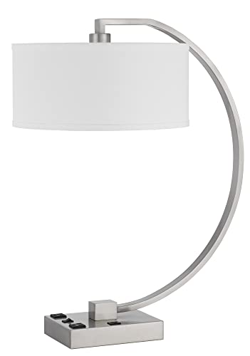 Cal Lighting Metal Desk Lamp with 2 Power Outlets, 1 USB, 14inW x 26inH, Brushed Steel, Model LA-8038DK