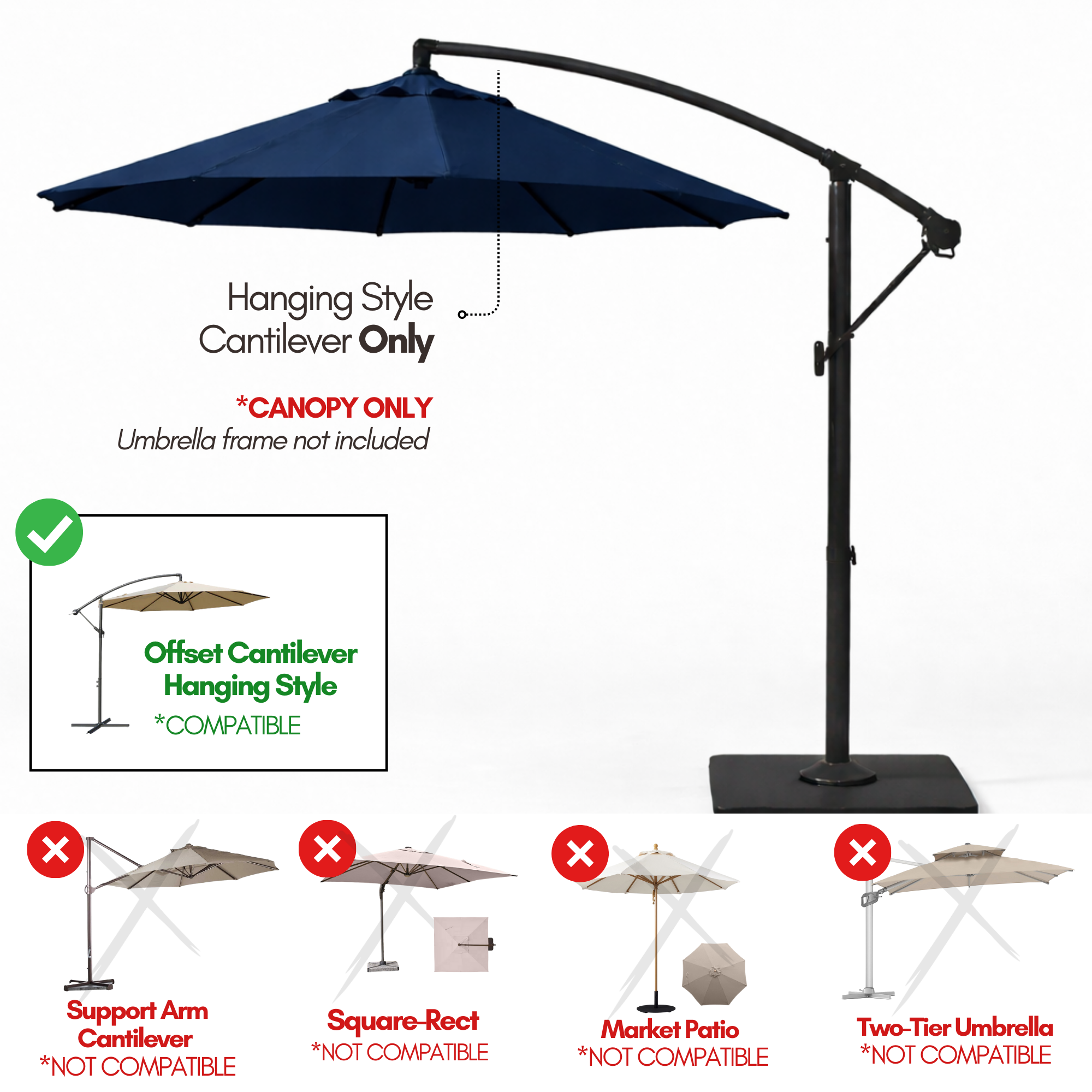 11ft Cantilever Hanging Umbrella 8 Rib Replacement Canopy Navy Olefin