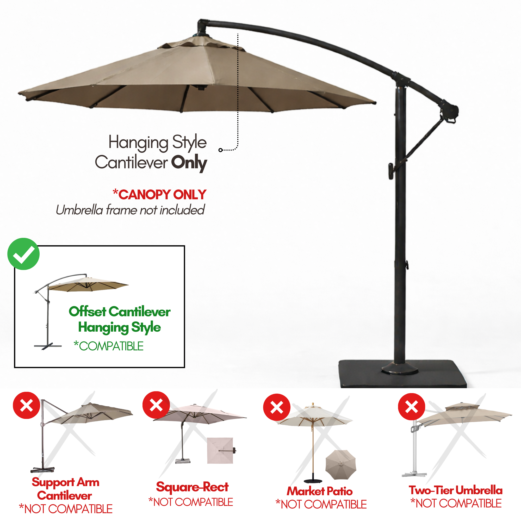 9ft Cantilever Hanging Umbrella 8 Rib Replacement Canopy Taupe