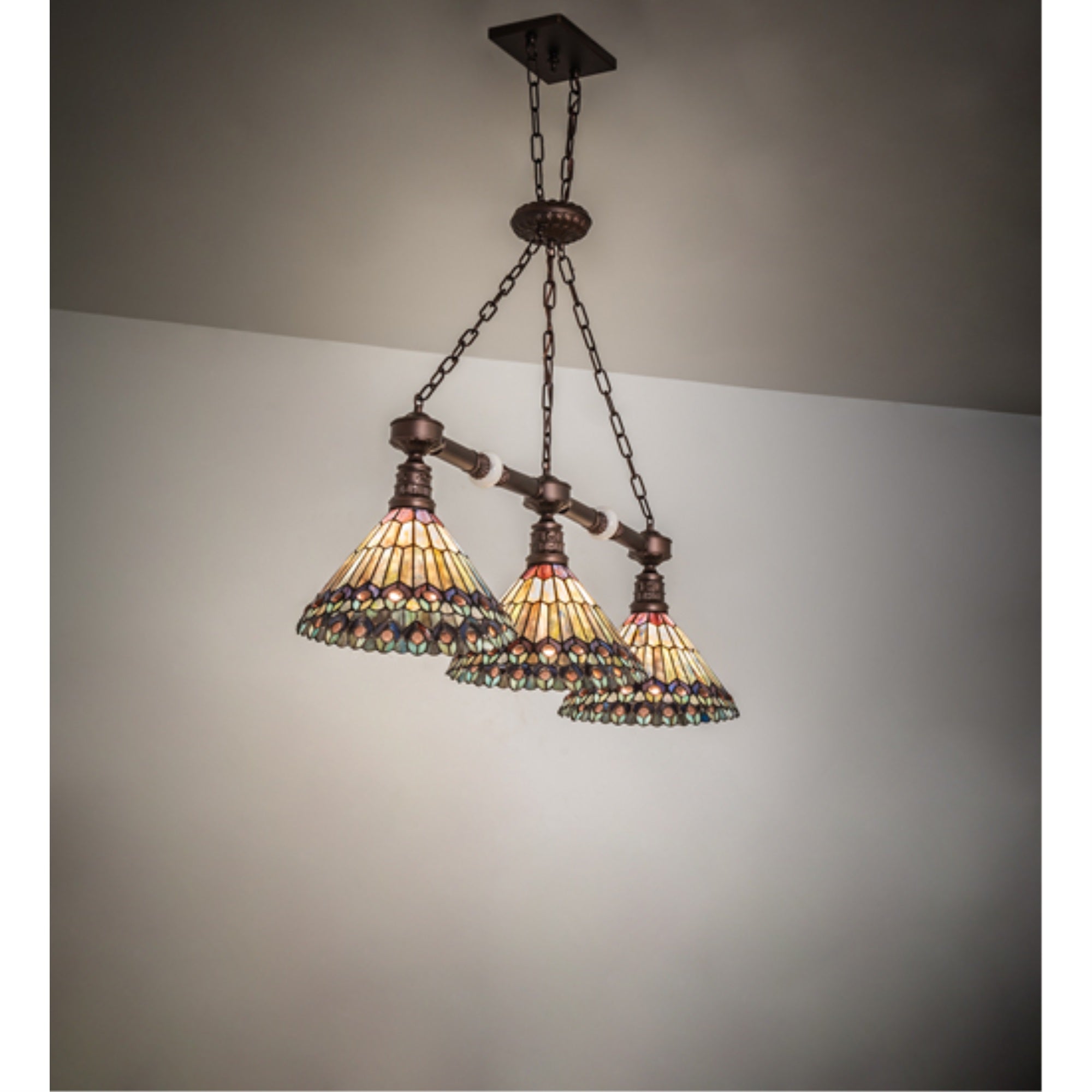 45 inch Long Tiffany Jeweled Peacock 3 Light Island Pendant