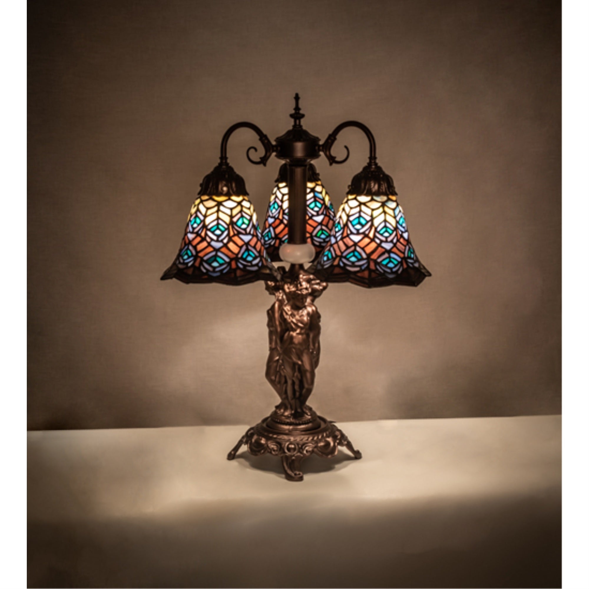 23 inch High Tiffany Peacock Feather 3 Light Table Lamp