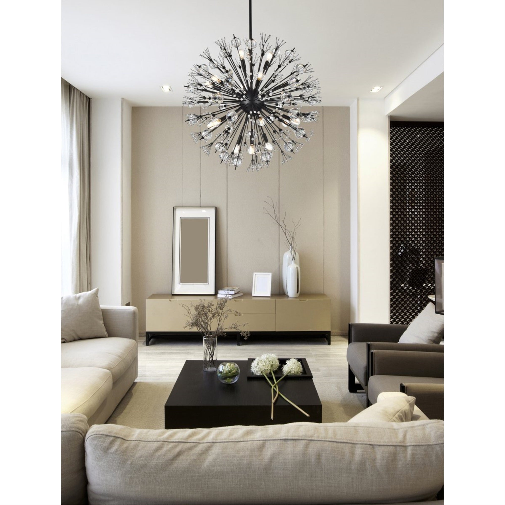 Vera 32 inch crystal starburst round pendant in black