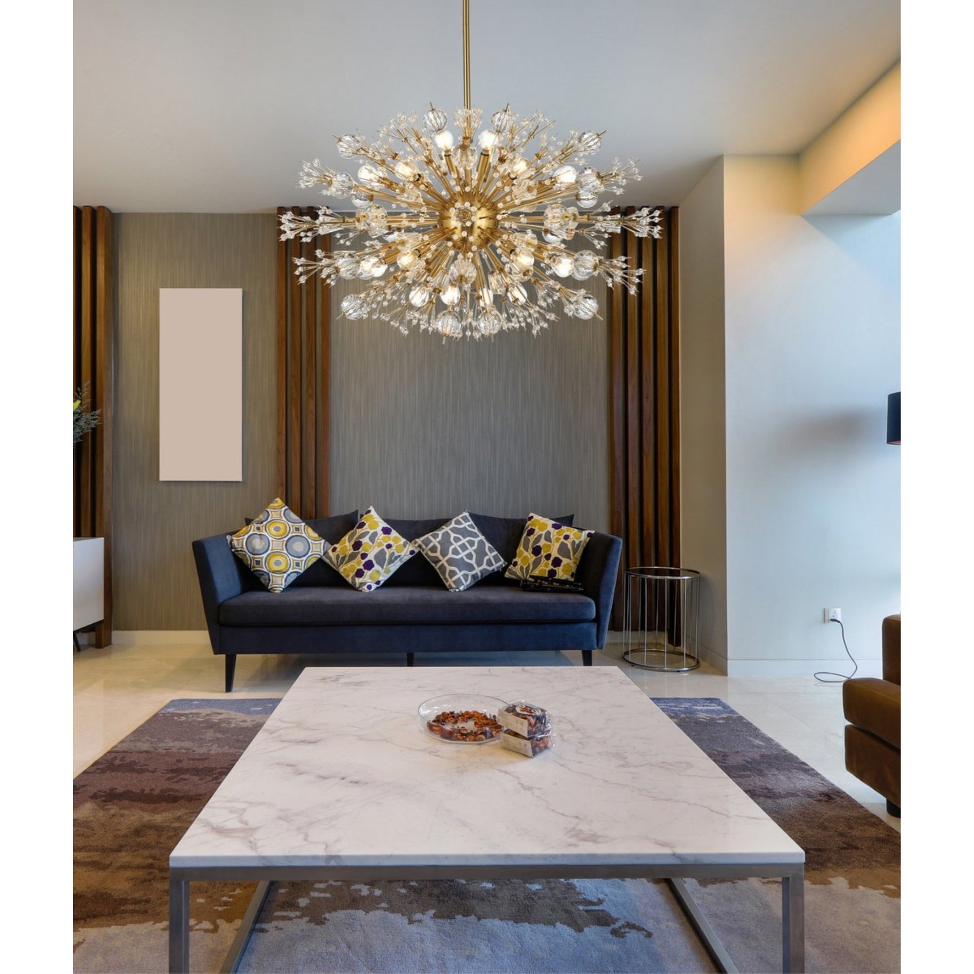 Vera 36 inch crystal starburst oval pendant in gold