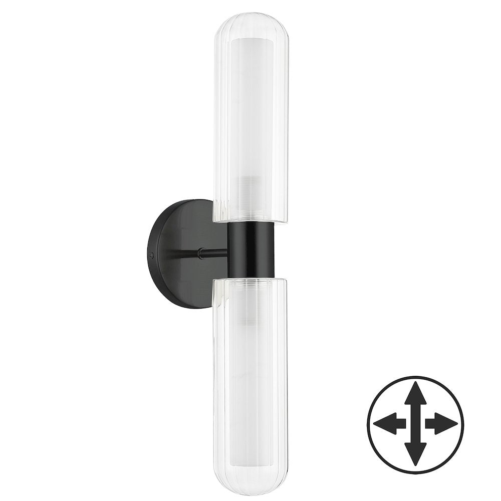 2 Light Matte Black Wall Sconce w/ Clear Fluted Glass