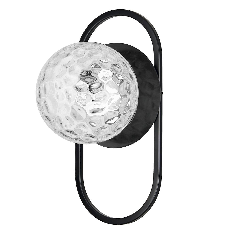 1 Light Matte Black Wall Sconce w/ Clear Hammered Glass