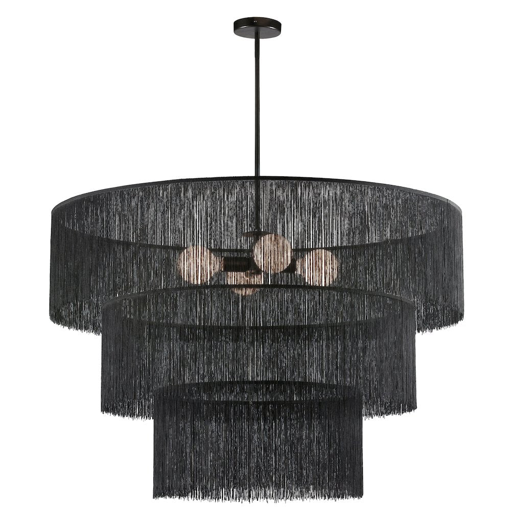 4 Light Chandelier in Matte Black w/ Black Tassel Shades