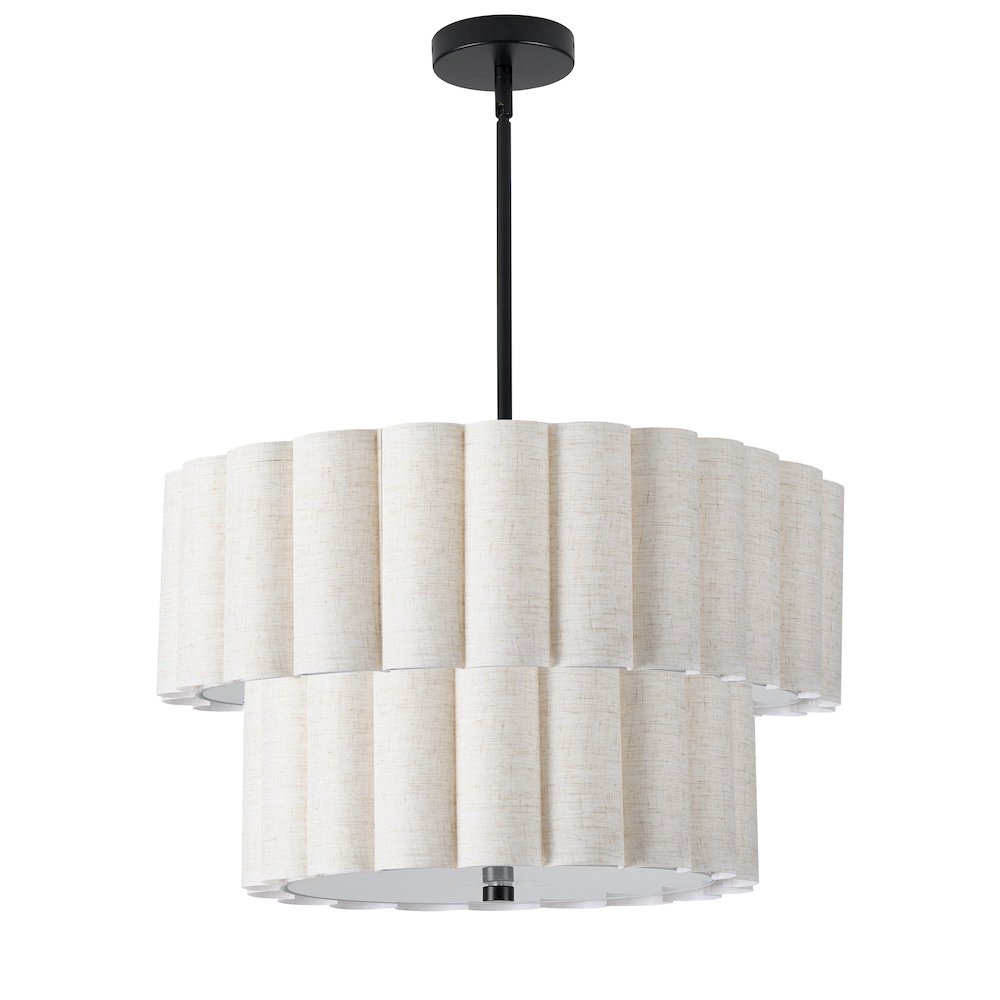 4 Light Matte Black 2 Tier Pendant w/ Flax Scallop Shades