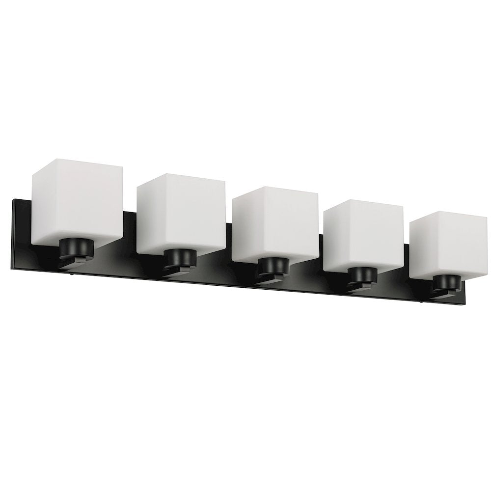 5 Light Vanity Matte Black with White Opal Glass