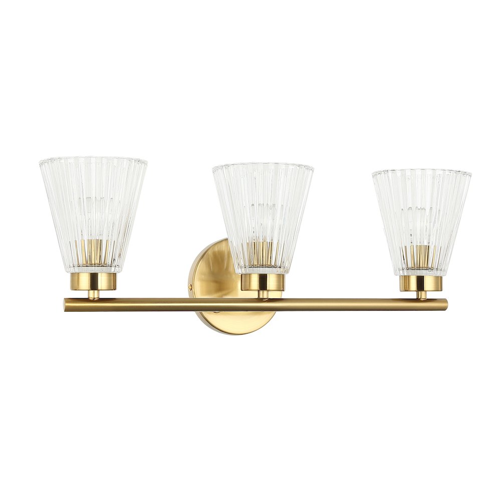 3 Light Incandescent Vanity Aged Brass with Clear Ribbed Glass