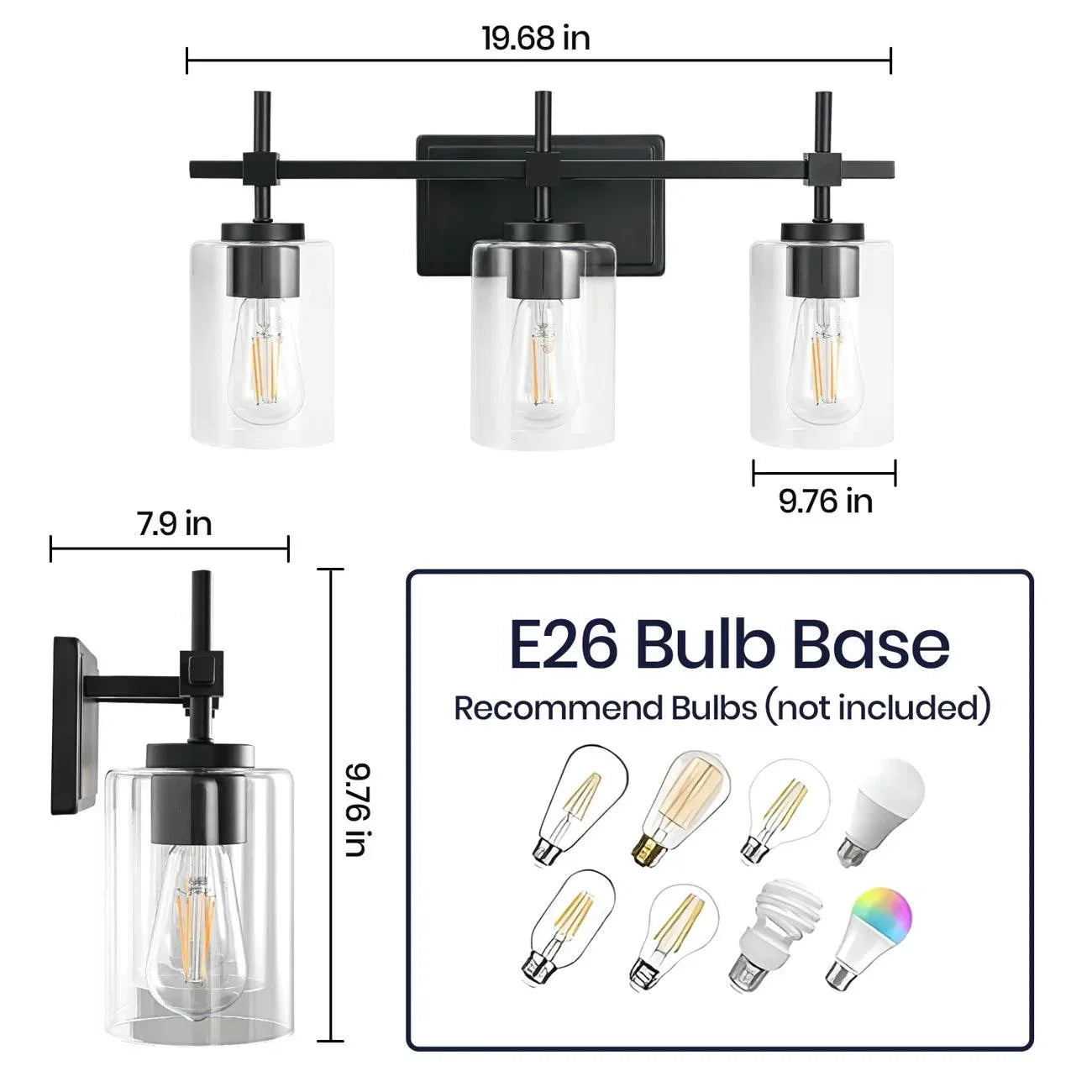 Jasper 3-Light Modern Clear Glass Bathroom Vanity Light, Black & Nickel