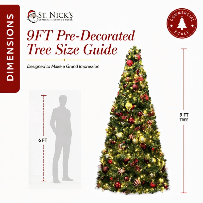 9FT Artificial Christmas Tree PVC Pre-Decorated Red Burgundy Gold Ornaments with Warm White Lights
