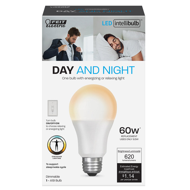 Feit Electric Led Circadian Rhythm Intellibulb - A19 With An E26 Medium Base Light Bulb - 60W Equivalent - 15 Year Life - 620 Lumen - 2700K Soft White And 5000K Daylight