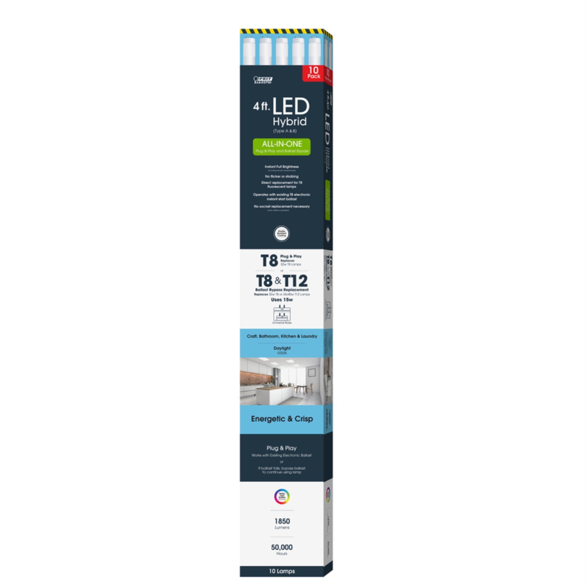 Feit Electric T8/T12 LED Hybrid Bulbs 4ft, 5000K, Ballast Bypass, 10-Pack, Model T4815850ABLED10