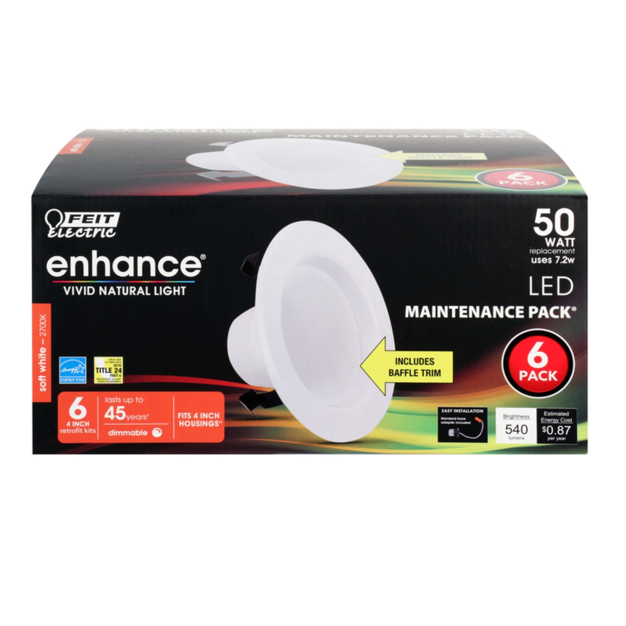 Feit Electric 4 Inch Led Recessed Downlight - Baffle Trim - Standard E26 Adapter - 2700K Soft White - Dimmable- 50W Equivalent - 45 Year Life - 650 Lumen, 6-Pack, Ledr4B/927Ca/Mp/6